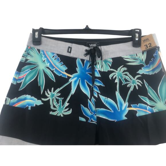 Mens black tropical Vans 4 way stretch board shorts Size 32 inseam 9" New - Picture 3 of 9